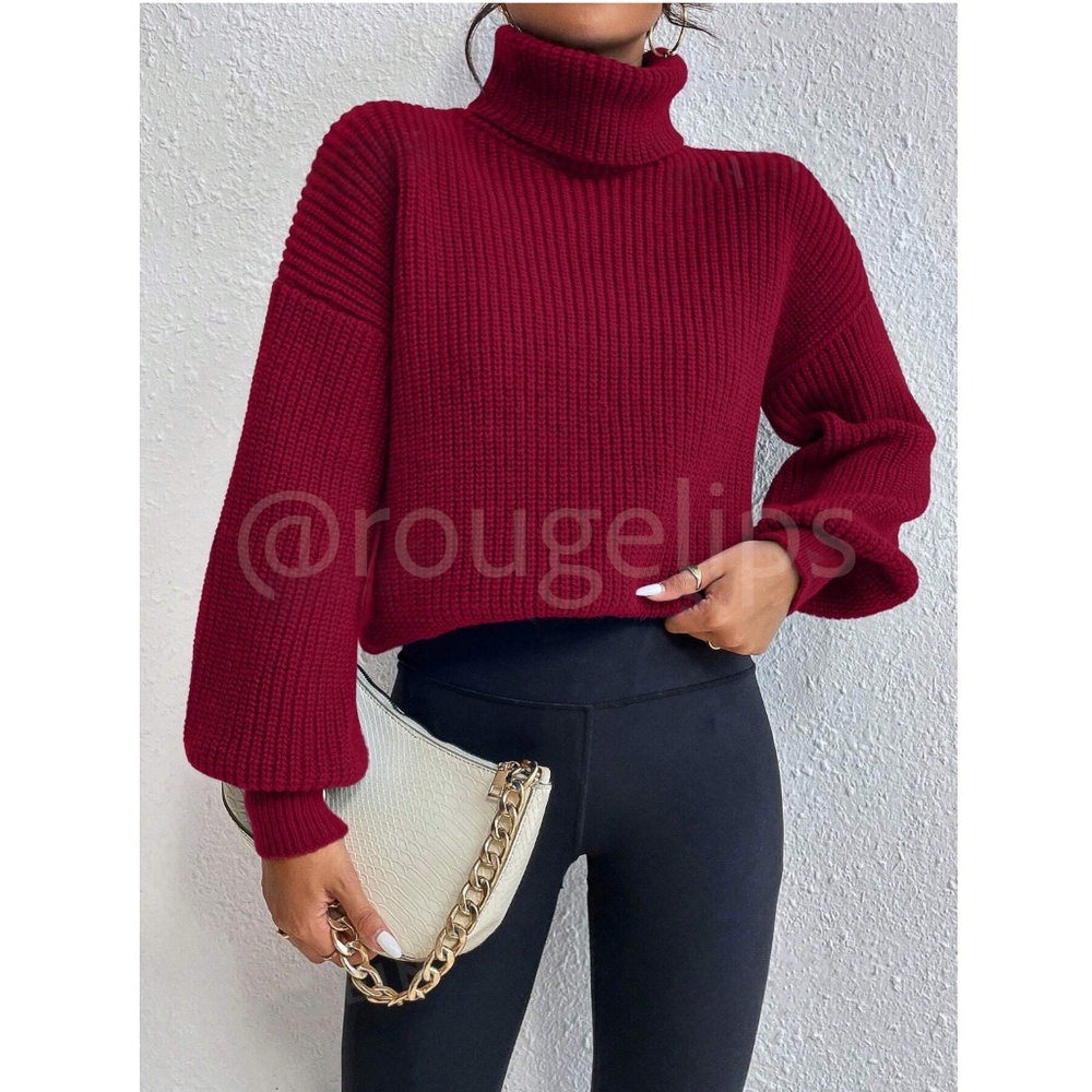 Burgundy Turtleneck Knit Pullover Sweater Long Sleeve - Picture 5 of 8